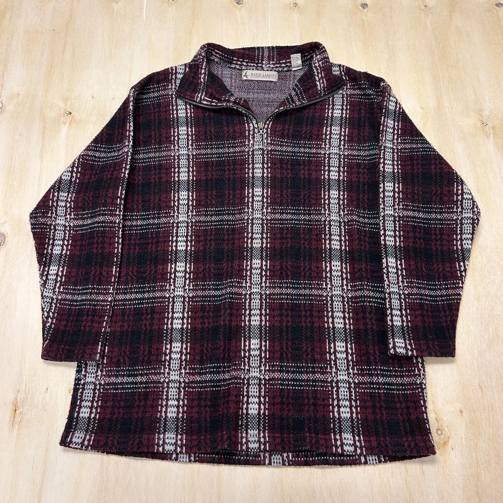 Marsh Landing Sweater Mens Medium Red Plaid Knit 1/4 Zip Mock Neck Pullover